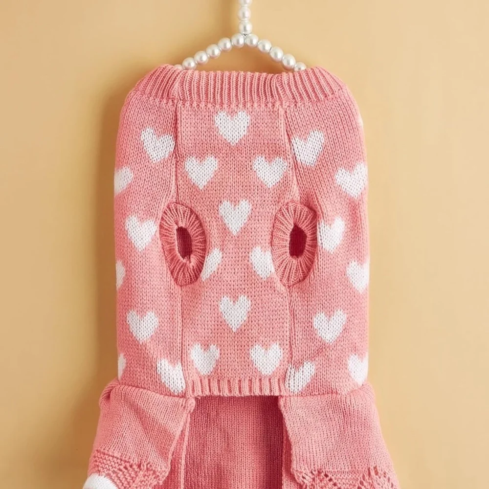 Heart  valentine Print Dog Sweater Double-Layer Trim Dress Warm Soft Winter Dog